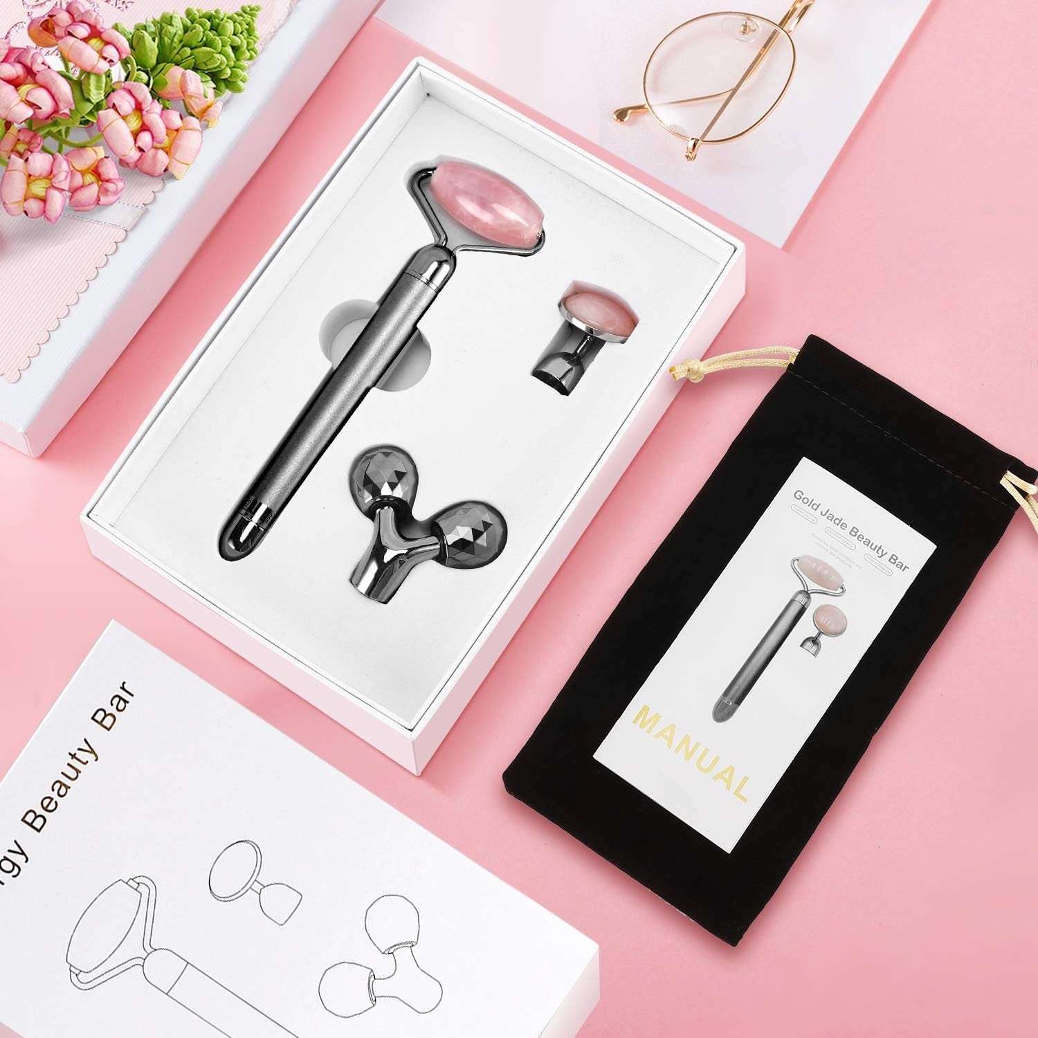 3 - in - 1 Electric Jade Roller and 3D Facial Massager Rose Quartz - Alteris
