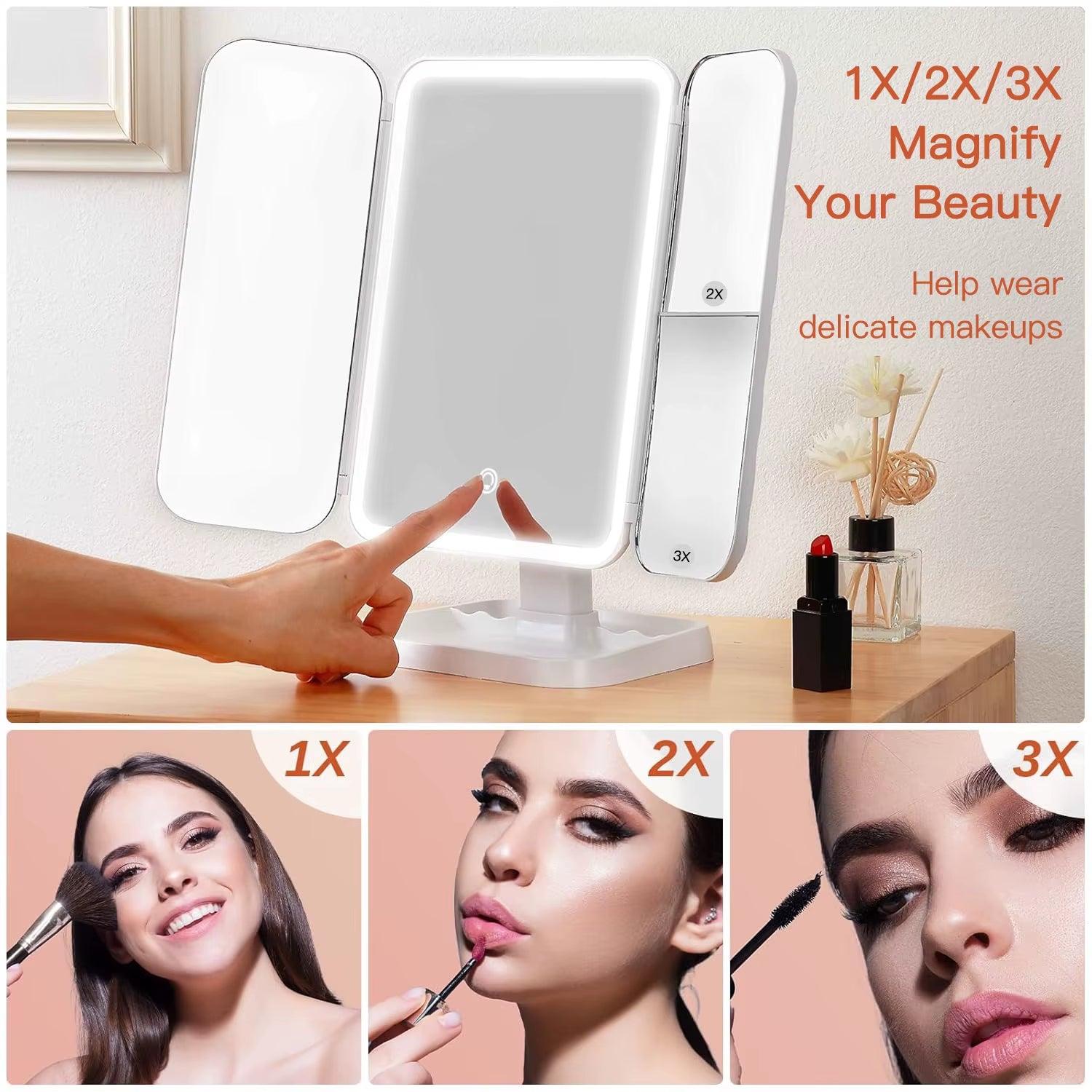 Trifold Makeup Mirror with LED Lights for Smart Complementary Makeup Alteris