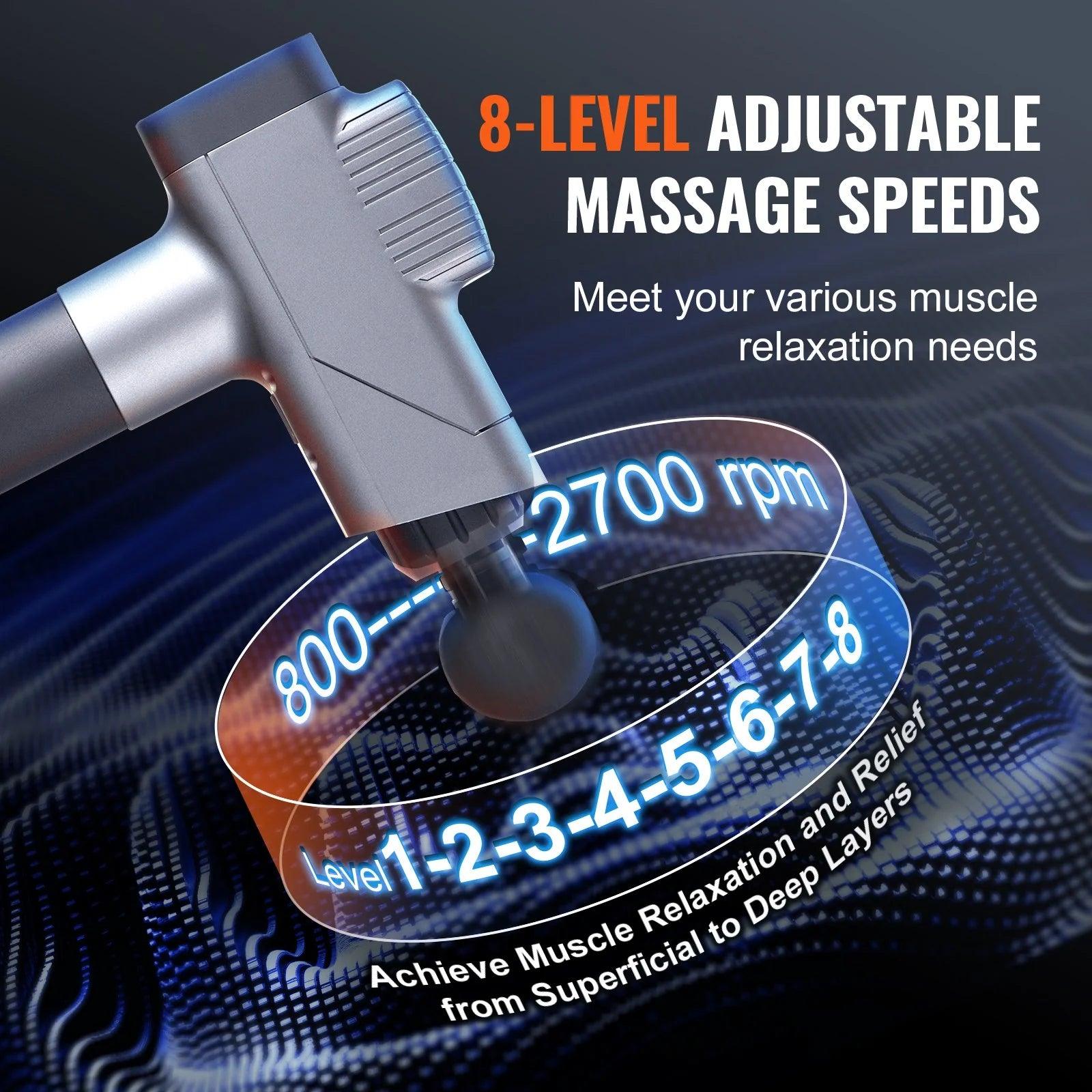 Deep Tissue Massage Gun with 8 Speed Levels and 6 Massage Heads for Pain Relief and Muscle Relaxation Alteris