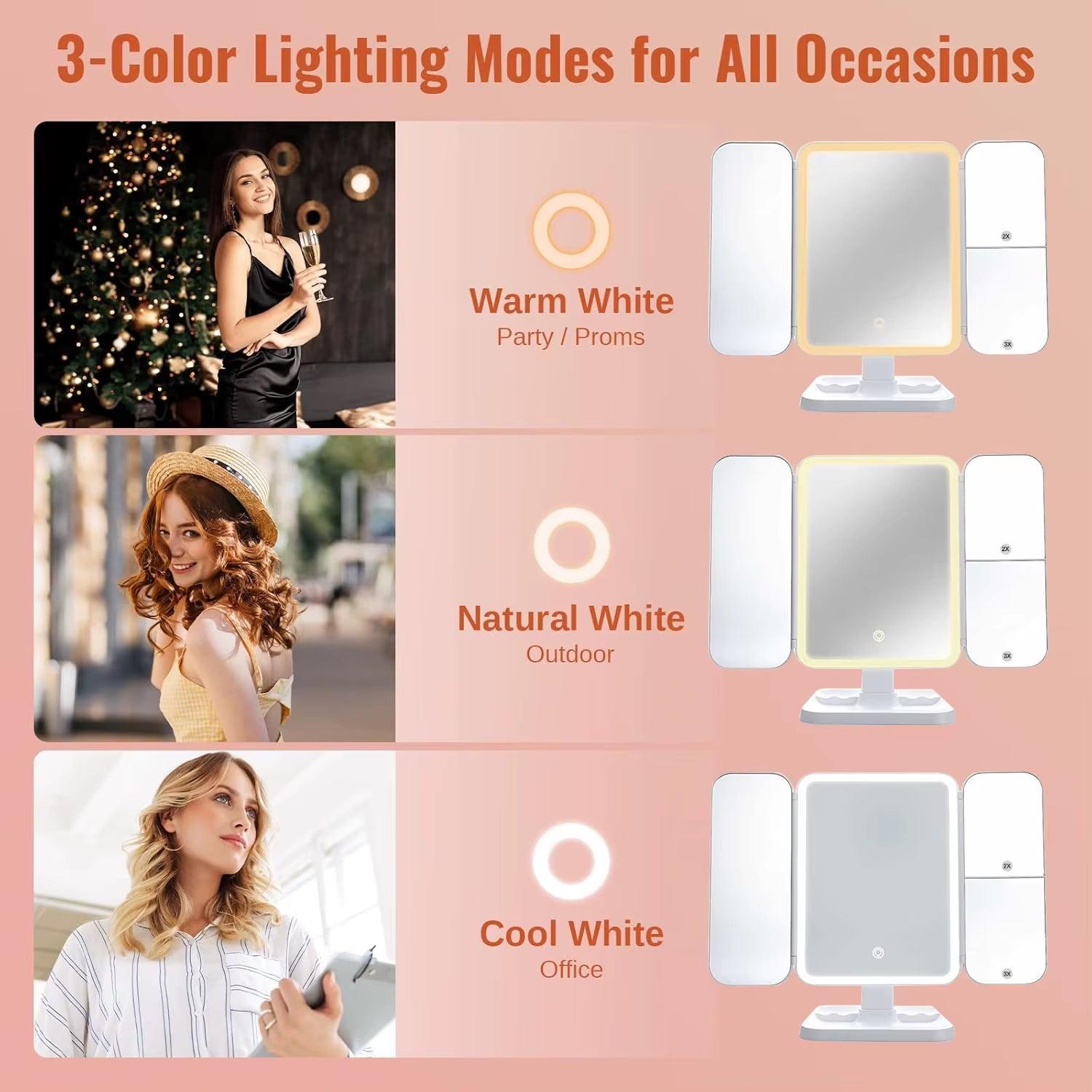 Trifold Makeup Mirror with LED Lights for Smart Complementary Makeup Alteris