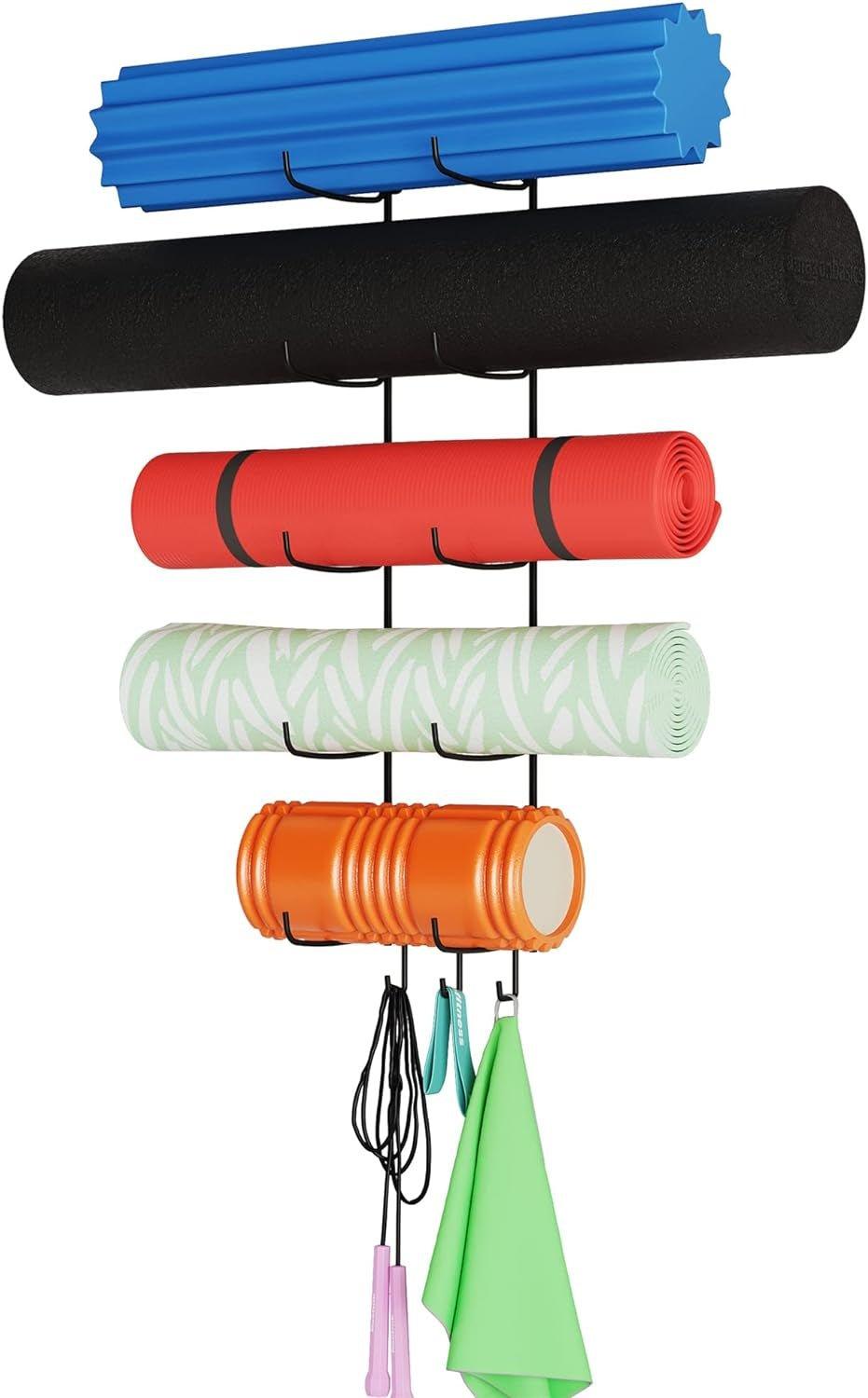 Guru Wall Mounted Yoga Mat Holder with 3 Hooks and 5 - Section Design - Alteris