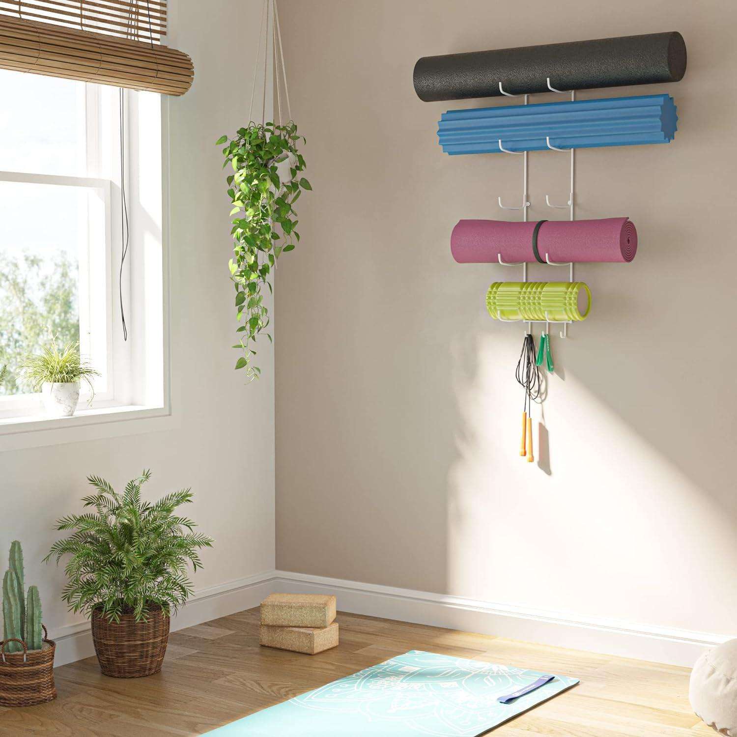 Guru Wall Mounted Yoga Mat Holder with 3 Hooks and 5 - Section Design - Alteris