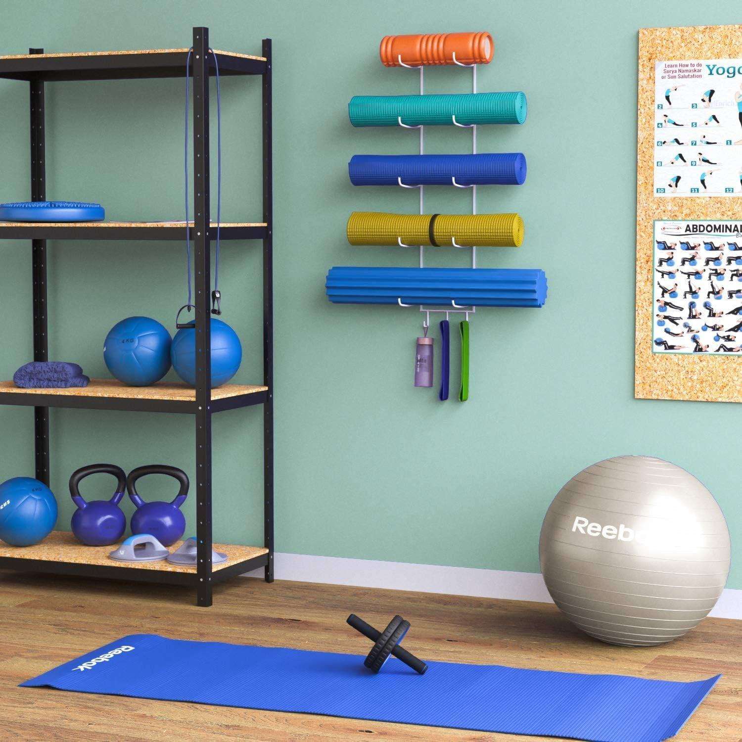 Guru Wall Mounted Yoga Mat Holder with 3 Hooks and 5 - Section Design - Alteris