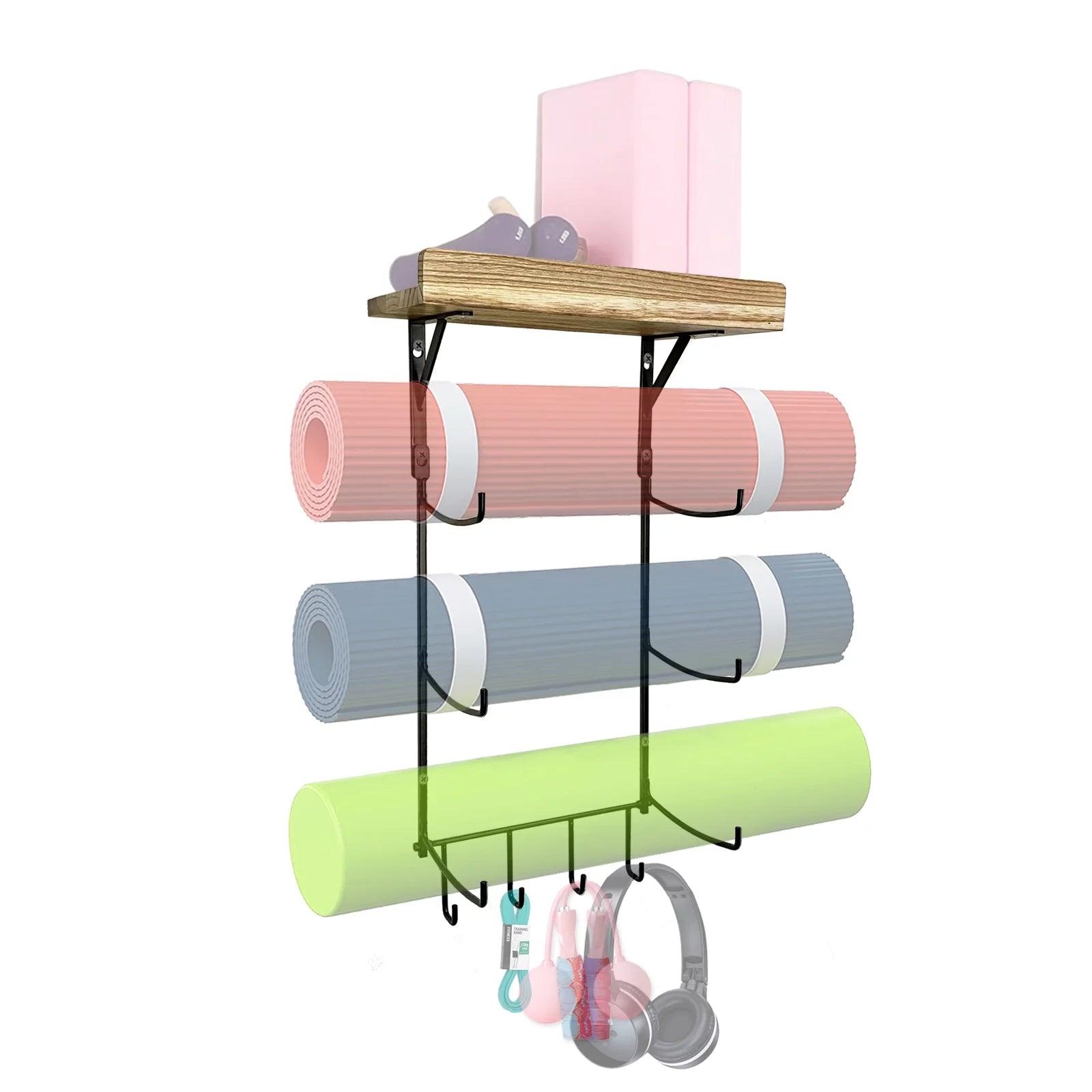 Wall Mounted Yoga Mat Holder with Hooks for Foam Rollers and Accessories Alteris