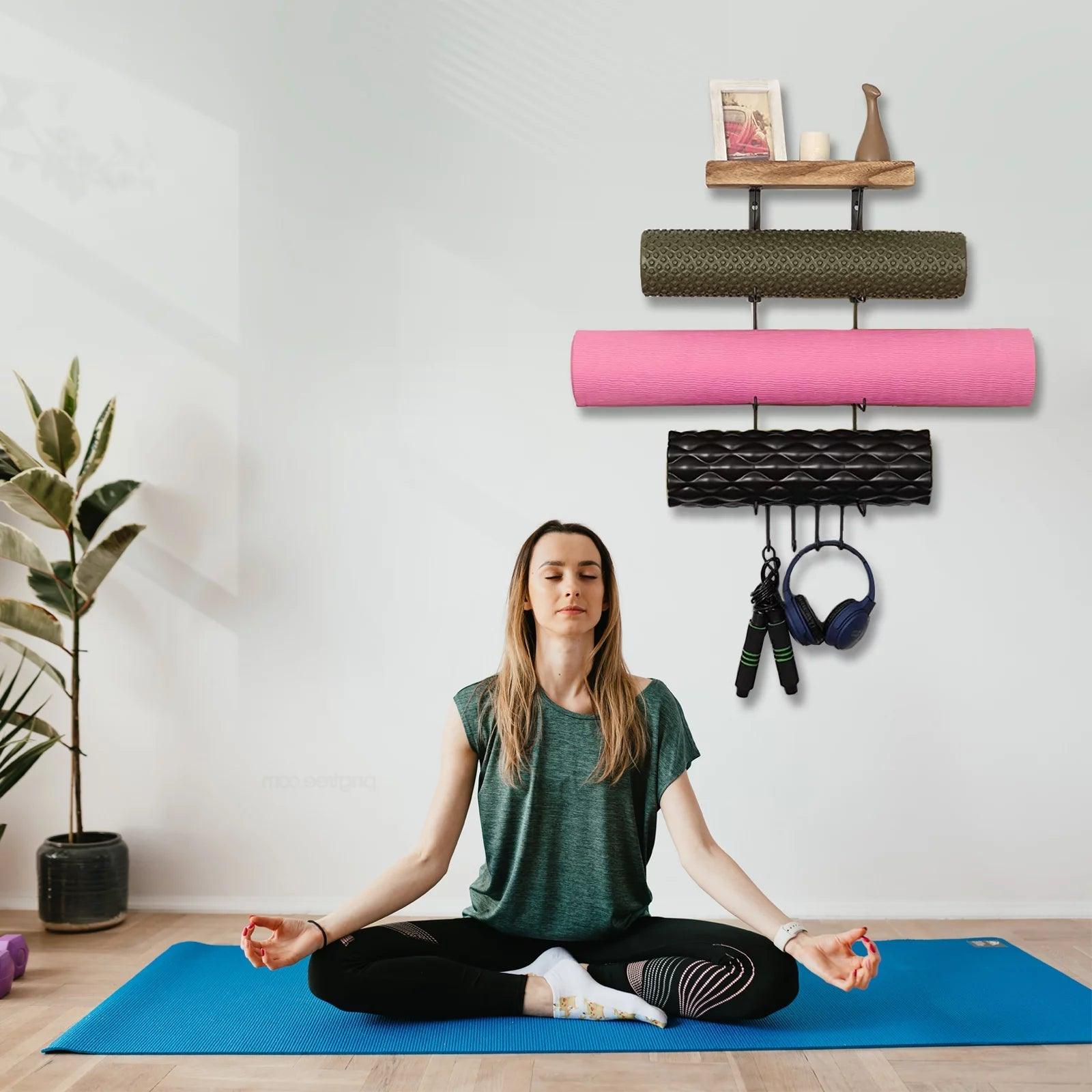 Wall Mounted Yoga Mat Holder with Hooks for Foam Rollers and Accessories Alteris