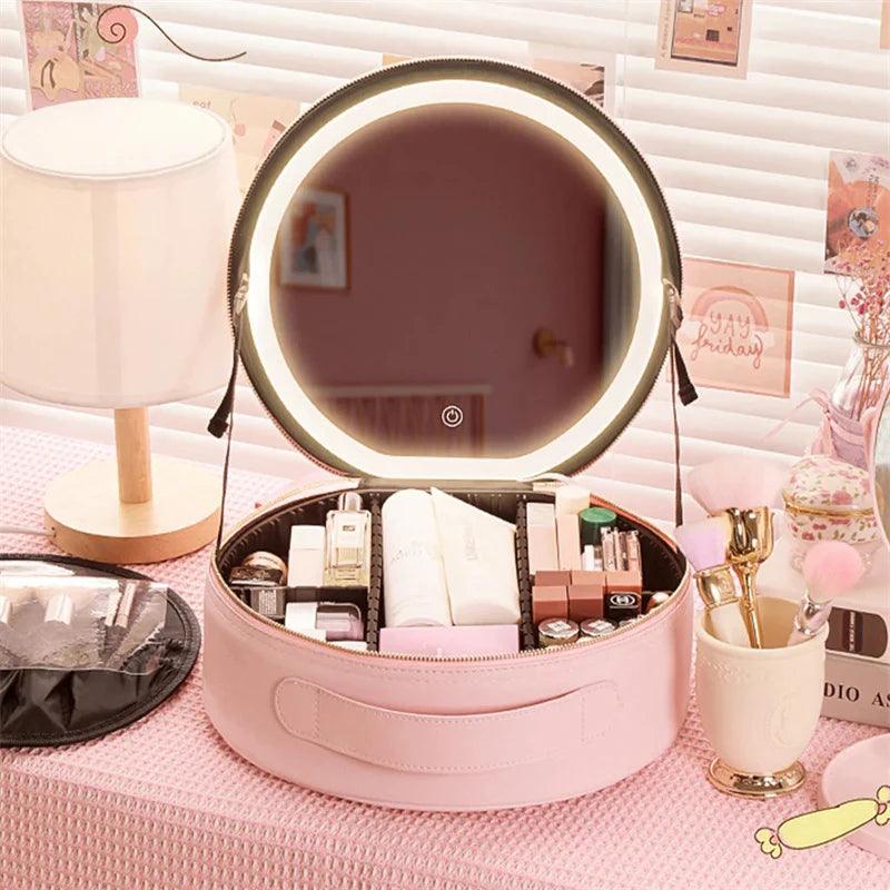 Round Smart LED Makeup Bag with Mirror and Large Capacity PU Leather Case Alteris