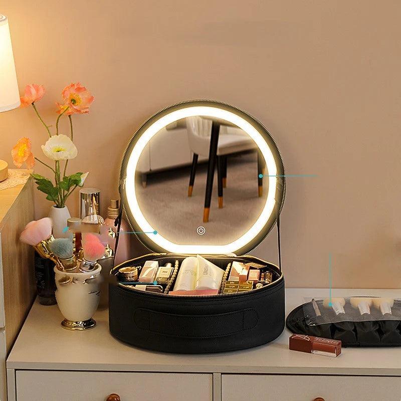 Round Smart LED Makeup Bag with Mirror and Large Capacity PU Leather Case Alteris