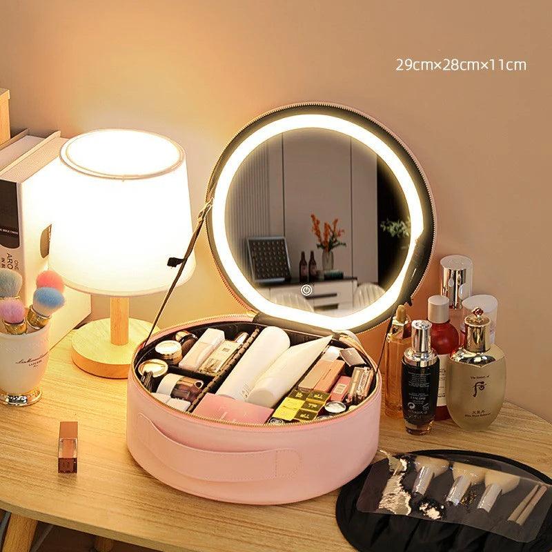 Round Smart LED Makeup Bag with Mirror and Large Capacity PU Leather Case Alteris