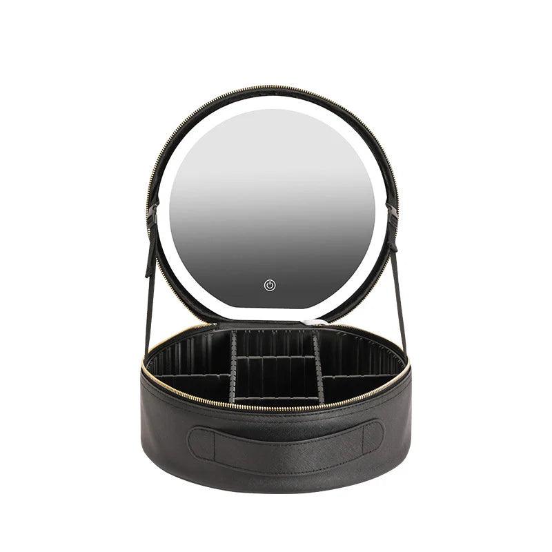 Round Smart LED Makeup Bag with Mirror and Large Capacity PU Leather Case Alteris