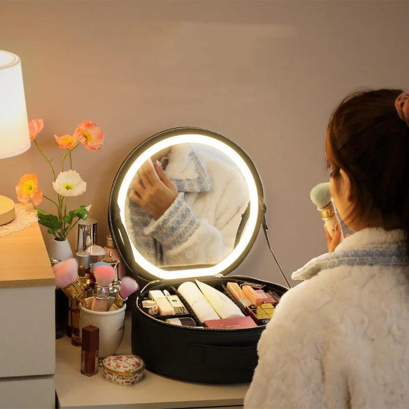 Round Smart LED Makeup Bag with Mirror and Large Capacity PU Leather Case Alteris