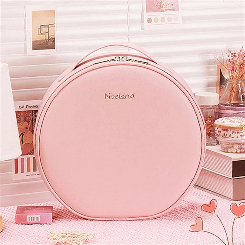 Round Smart LED Makeup Bag with Mirror and Large Capacity PU Leather Case Alteris