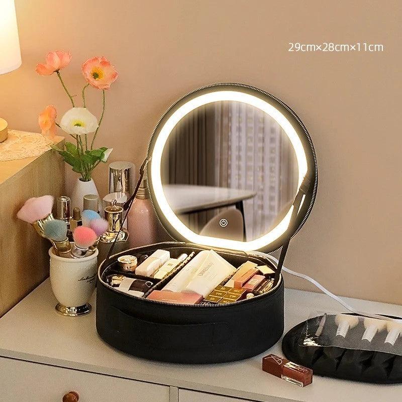 Round Smart LED Makeup Bag with Mirror and Large Capacity PU Leather Case Alteris