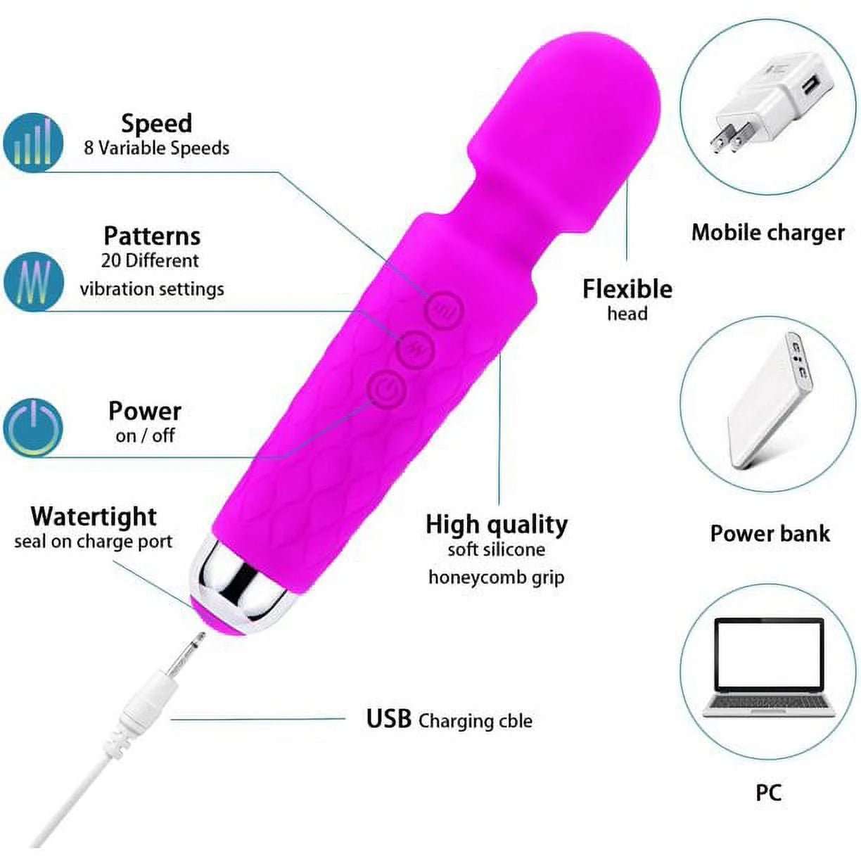 Rechargeable Mini Wand Massager with 8 Speeds and 20 Vibrations - Alteris