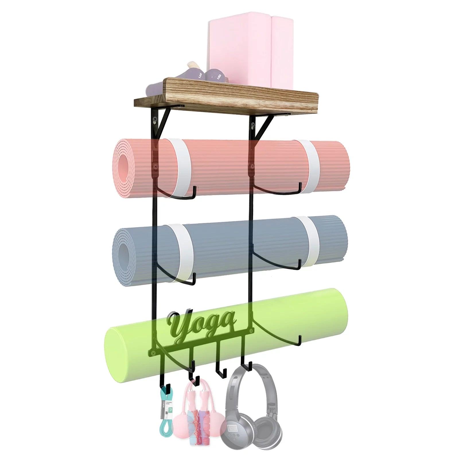 Wall Mounted Yoga Mat Holder with Hooks for Foam Rollers and Accessories Alteris