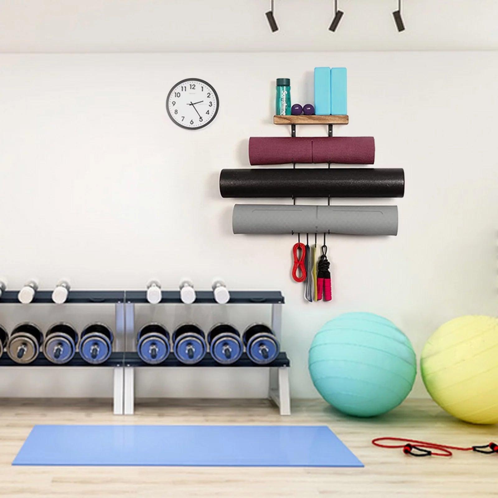 Wall Mounted Yoga Mat Holder with Hooks for Foam Rollers and Accessories Alteris