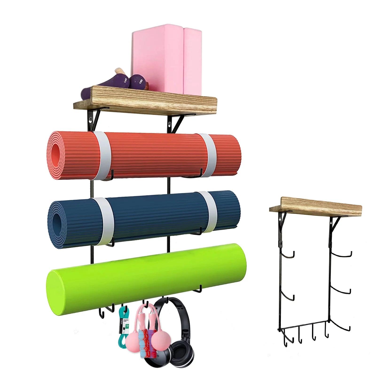 Wall Mounted Yoga Mat Holder with Hooks for Foam Rollers and Accessories Alteris