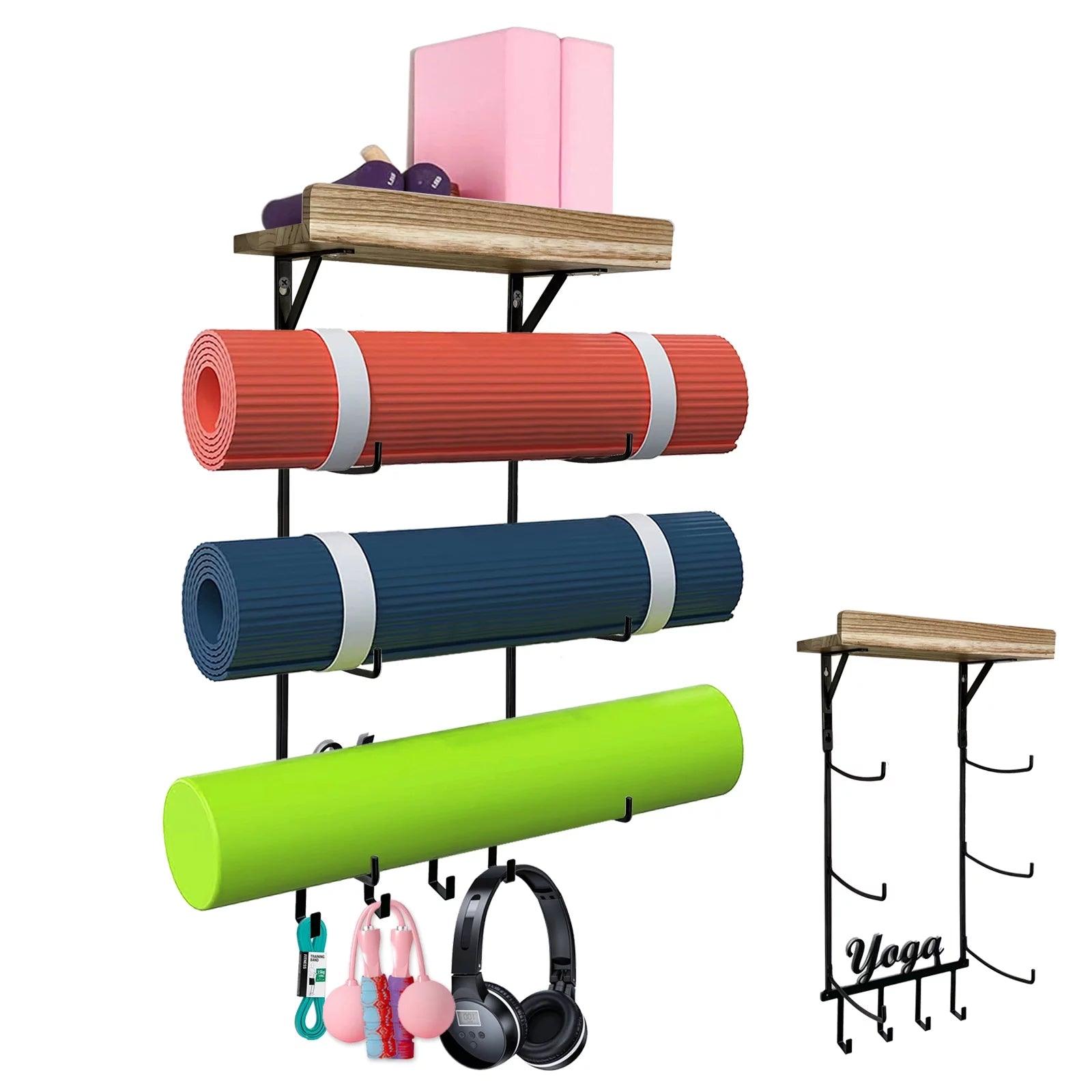 Wall Mounted Yoga Mat Holder with Hooks for Foam Rollers and Accessories Alteris